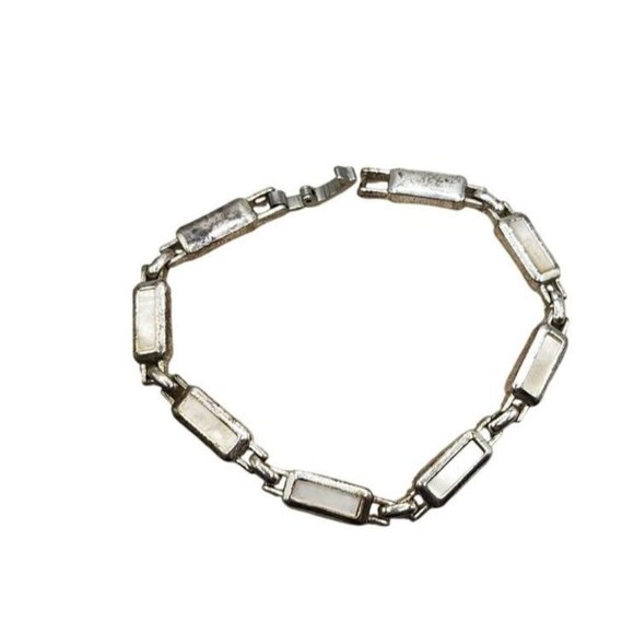 Vintage Silver Tone Bracelet With Mother Of Pearl Inlay Rectangular Links - Picture 2 of 2
